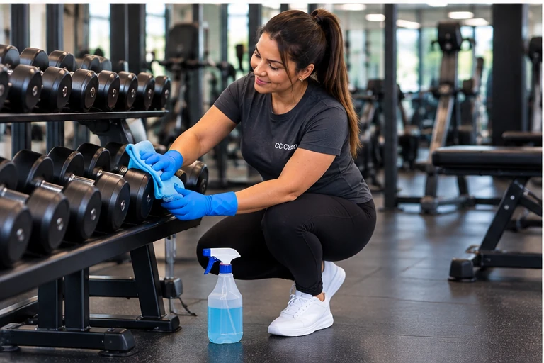Colaboradora da CC Clean higienizando halteres em academia