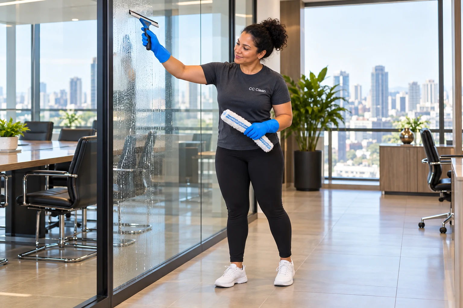 Colaboradora uniformizada da CC Clean limpando divisória de vidro com rodo profissional